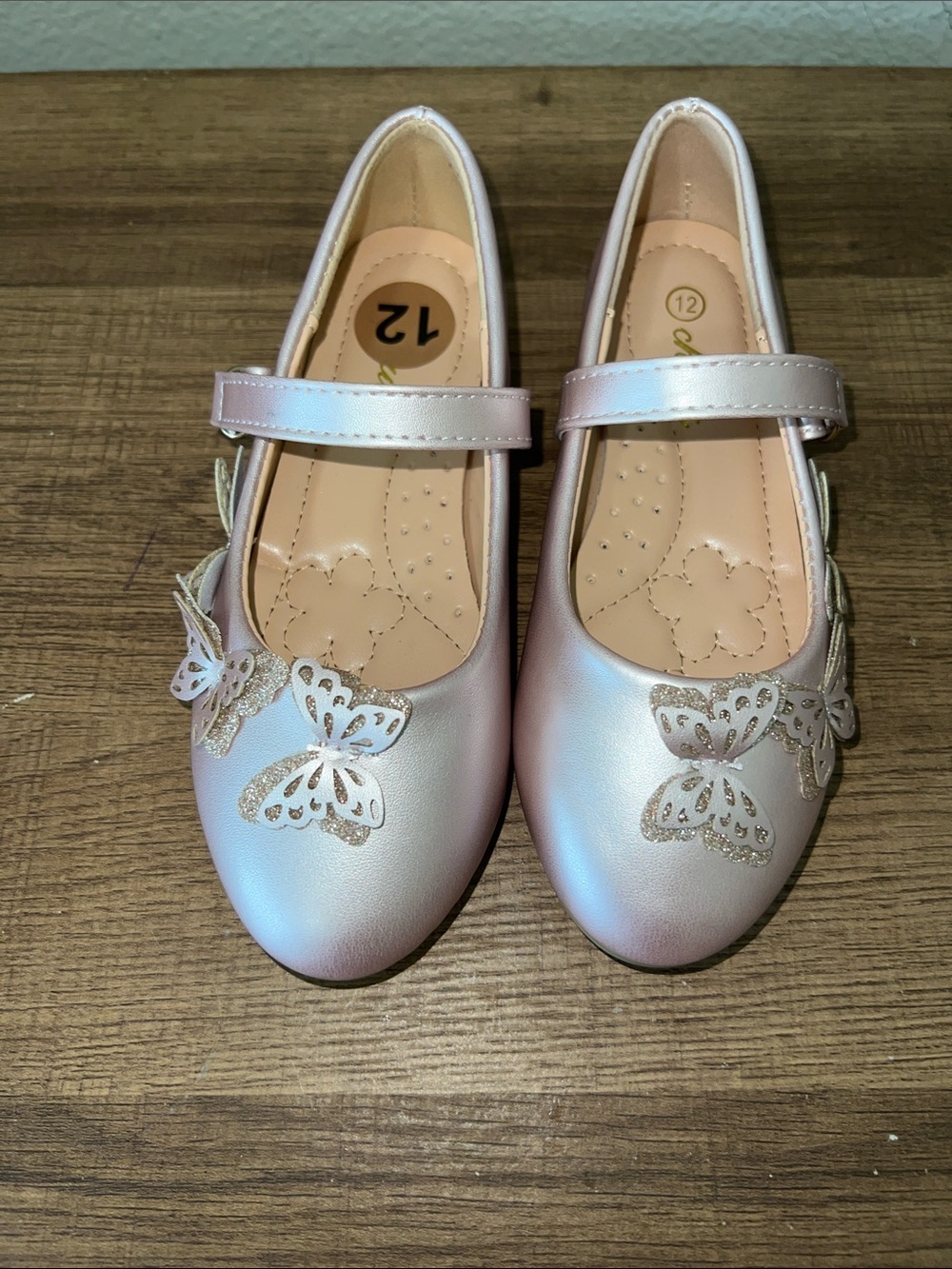 Girls Shimmer Pink Butterfly Strap Dress Shoes
